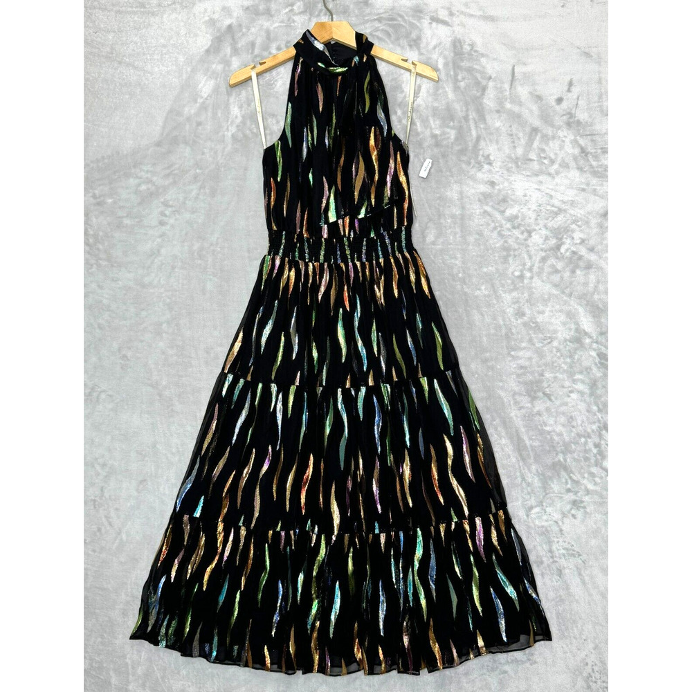 Shoshanna Dress Womens 4 Black Rainbow Metallic Halter Midi NEW Bow Sleeveless